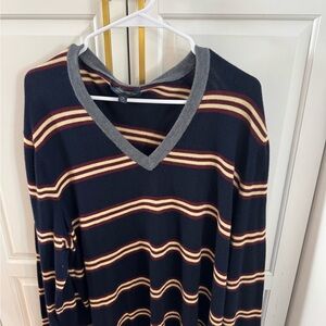 Brooks Brothers Navy and Maroon Striped V-Neck Sweater